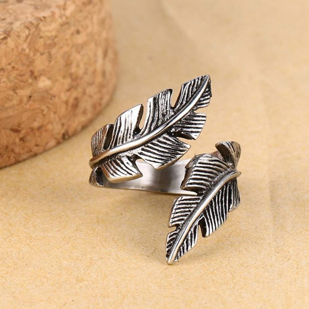 Feather Wrap Ring for Men Women Stainless Steel Black Biker Band Vintage Statement Comfort fit Leaf Ring Band Mid Finger Knuckle Dainty Jewelry Cool Punk Hypoallergenic Size 7-12 (9)