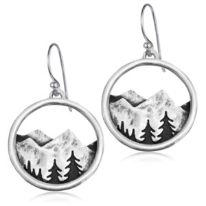 ANDPAI Unique Handmade Vintage Retro Silver Mountain Dangle Drop Earrings with Tree Pattern for Women Statement Outdoor Enthusiast Jewelry Gifts (Silver)