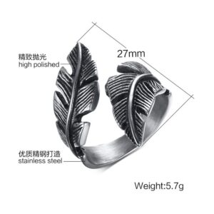 Feather Wrap Ring for Men Women Stainless Steel Black Biker Band Vintage Statement Comfort fit Leaf Ring Band Mid Finger Knuckle Dainty Jewelry Cool Punk Hypoallergenic Size 7-12 (9)