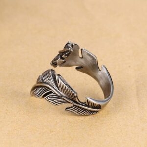 Feather Wrap Ring for Men Women Stainless Steel Black Biker Band Vintage Statement Comfort fit Leaf Ring Band Mid Finger Knuckle Dainty Jewelry Cool Punk Hypoallergenic Size 7-12 (9)