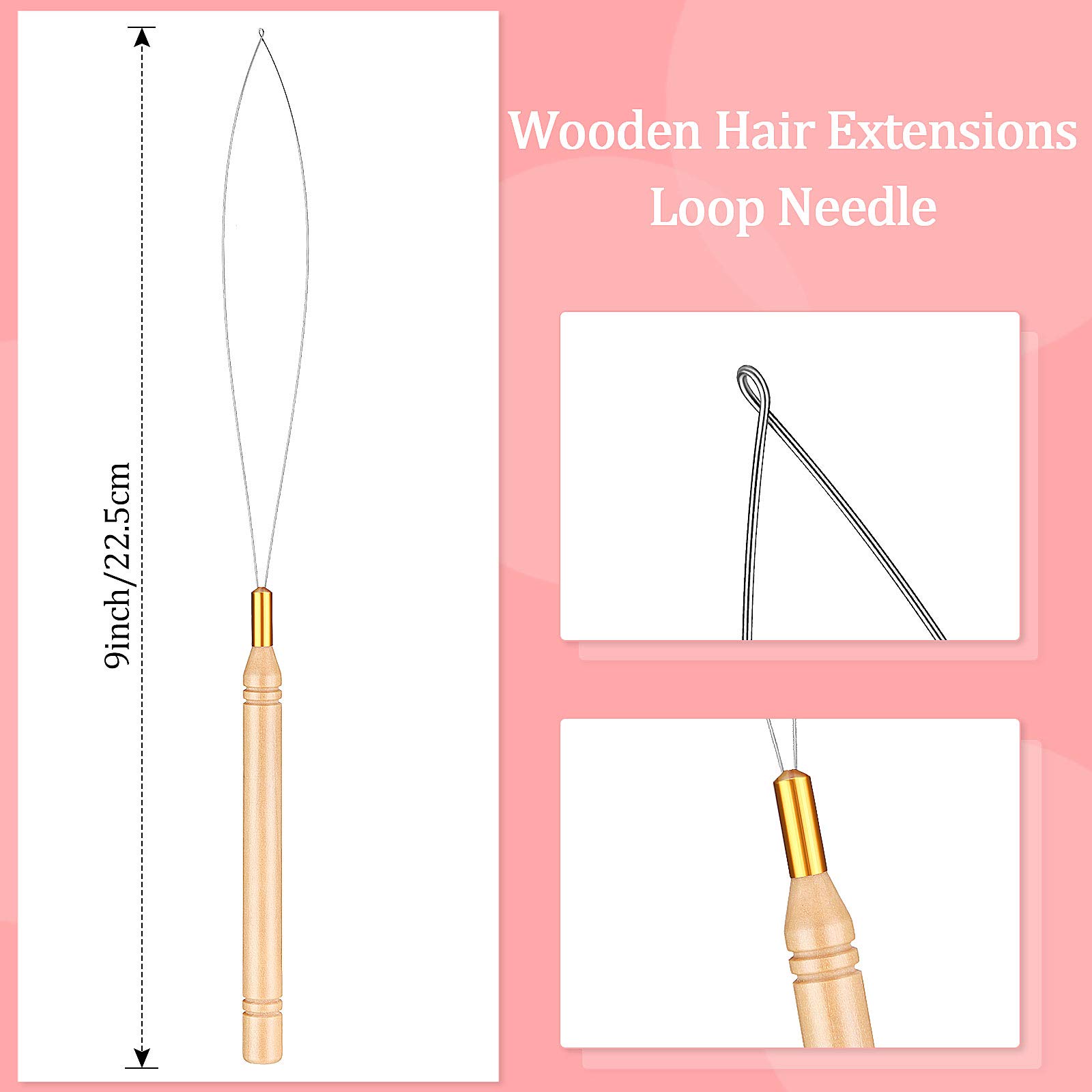 10 Pieces Wooden Hair Extension Loop Needle Kit Hair Extension Loop Tool Threader Wire Pulling Hook Tool and Bead Device Tool Black Loop Threader for Hair or Feather Extensions