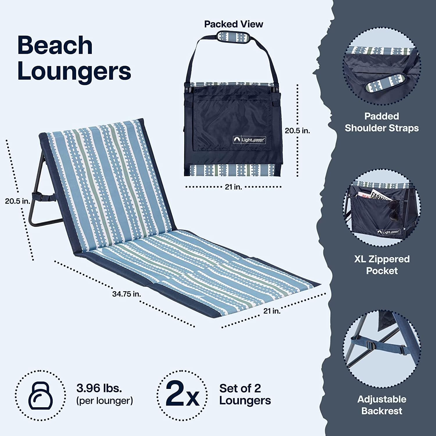 Lightspeed Outdoors Beach Loungers, Portable Chair, Mud Stripes, 2-Pack