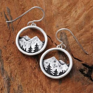 ANDPAI Unique Handmade Vintage Retro Silver Mountain Dangle Drop Earrings with Tree Pattern for Women Statement Outdoor Enthusiast Jewelry Gifts (Silver)