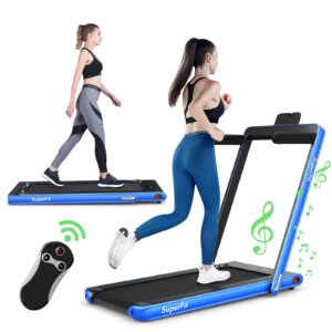 GYMAX Walking Pad, 2.25HP Foldable Treadmill with LED Display, Remote & Smart App Control, 2 in 1 Under Desk Treadmill, Portable Compact Folding Treadmill for Small Space/Home/Office (Shiny Blue)