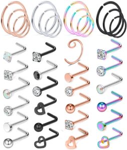 ocptiy 22g nose ring for nose piercing jewelry nose stud women 22 gauge stainless surgical steel thin nose ring hoop l shaped bend curved nose rings stud hoop nose piercings jewelry for women men 2mm