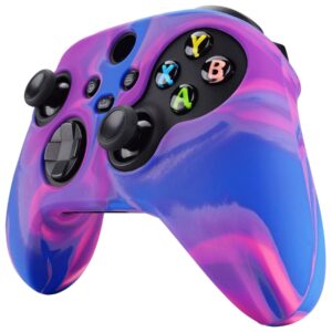 PlayVital Tri-Color Pink & Purple & Blue Camouflage Anti-Slip Silicone Cover Skin for Xbox Series X Controller, Soft Rubber Case Protector for Xbox Core Wireless Controller with Black Thumb Grip Caps