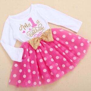 ODASDO Infant Baby Girl My 1st First Birthday Cake Smash Outfit Cotton Long Sleeve Princess Tutu Tulle Bowknot Polka Dots Dress One Year Old Party Clothes Photo Props Hot Pink 1 Year