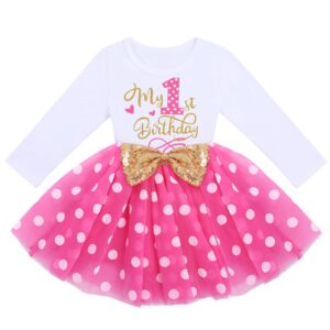 ODASDO Infant Baby Girl My 1st First Birthday Cake Smash Outfit Cotton Long Sleeve Princess Tutu Tulle Bowknot Polka Dots Dress One Year Old Party Clothes Photo Props Hot Pink 1 Year