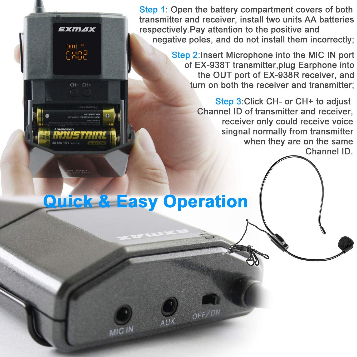 EXMAX EX-938 Wireless Headset Microphone Tour Guide System Interpreter Transmitter Translator in Your Ear for Church Translation Simultaneous Interpretation (UHF-938-SingleTransmitter)