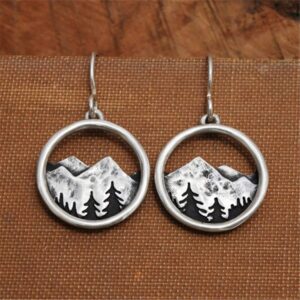 ANDPAI Unique Handmade Vintage Retro Silver Mountain Dangle Drop Earrings with Tree Pattern for Women Statement Outdoor Enthusiast Jewelry Gifts (Silver)