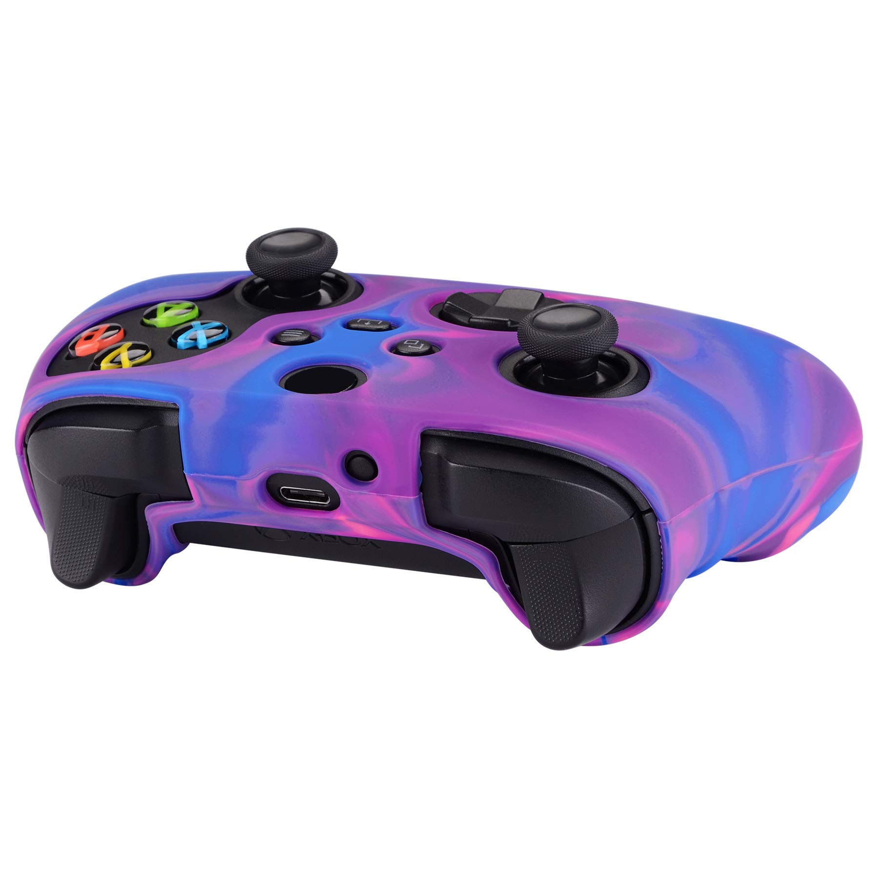 PlayVital Tri-Color Pink & Purple & Blue Camouflage Anti-Slip Silicone Cover Skin for Xbox Series X Controller, Soft Rubber Case Protector for Xbox Core Wireless Controller with Black Thumb Grip Caps