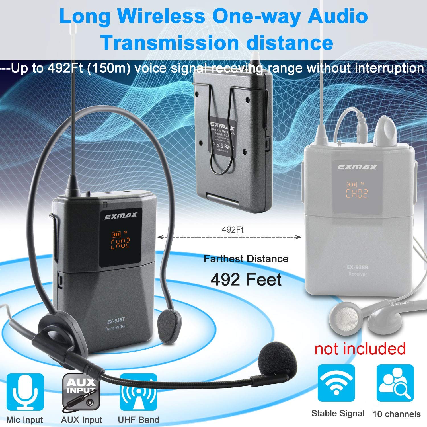 EXMAX EX-938 Wireless Headset Microphone Tour Guide System Interpreter Transmitter Translator in Your Ear for Church Translation Simultaneous Interpretation (UHF-938-SingleTransmitter)