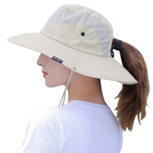 Mukeyo Womens Ponytail Sun Hat Summer Foldable Wide Brim Outdoor UV Protection Mesh Bucket Cap for Beach Fishing Hiking Gardening Beige