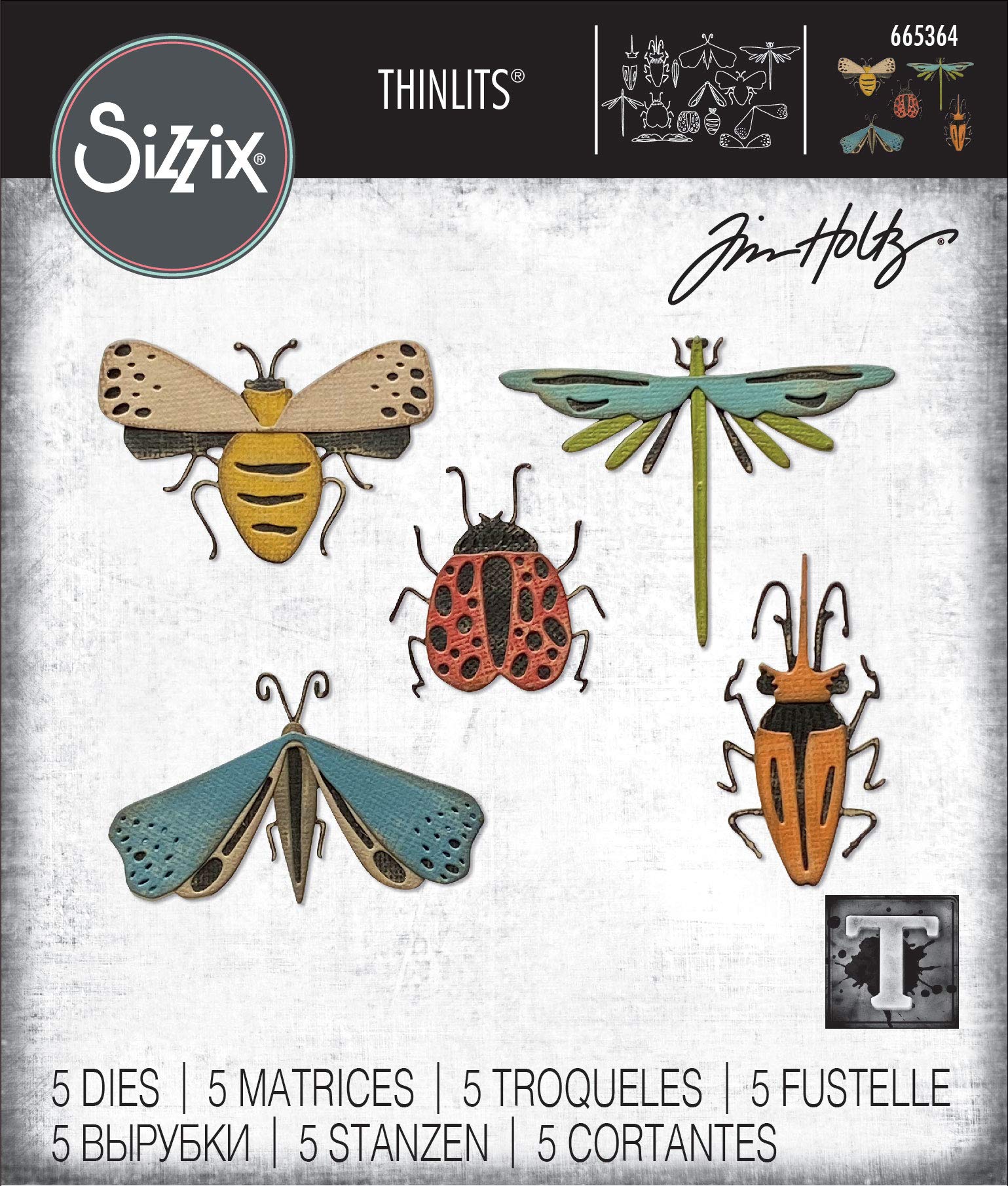 Sizzix Thinlits Die Set 5PK Funky Insects by Tim Holtz, 665364, Multicolor