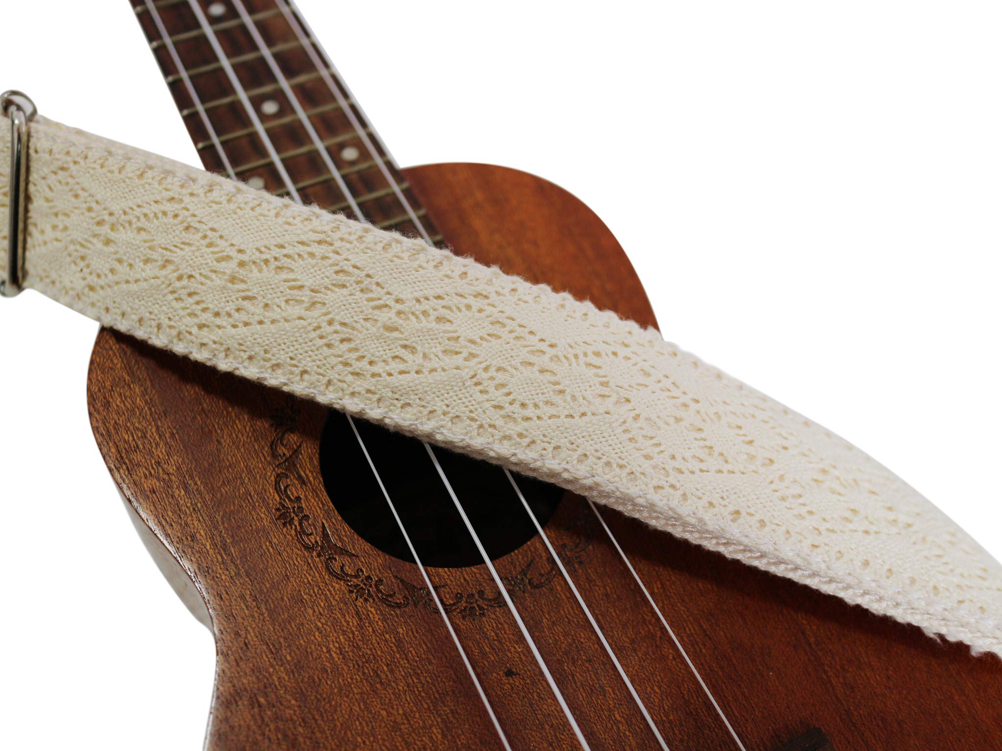 MUSIC FIRST Original Design Cream Graceful & Vintage Lace Soft Lace & Genuine Leather Ukulele Strap Ukulele Shoulder Strap With a Genuine Leather Strap Locker (Cream)