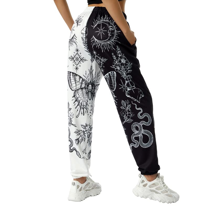 Amuver Women's Boho Hippie Harem Pants High Smocked Waist Printed Patchwork Sweatpants Yoga 90S Goth Baggy Casual Trousers White/Black