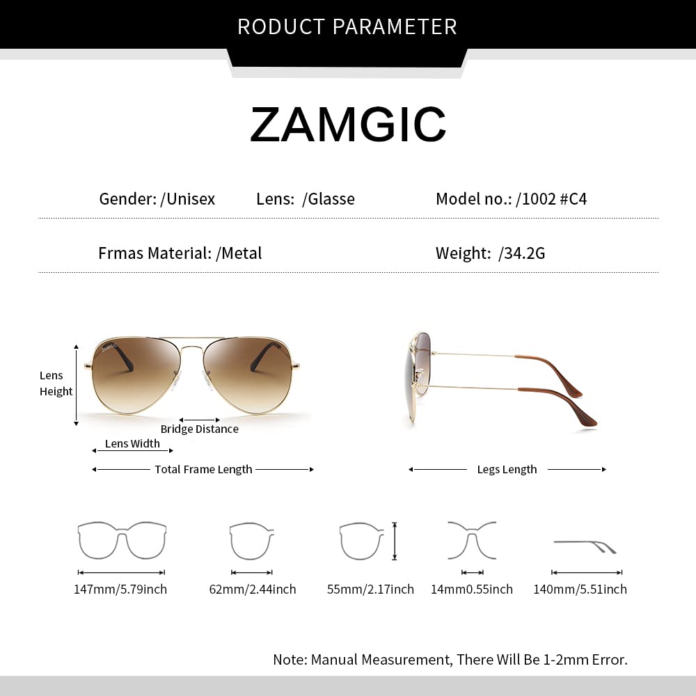 ZAMGIC Aviator Glass Lens Sunglasses,Military Style,UV400 Protection Sun Glasses for Men Women