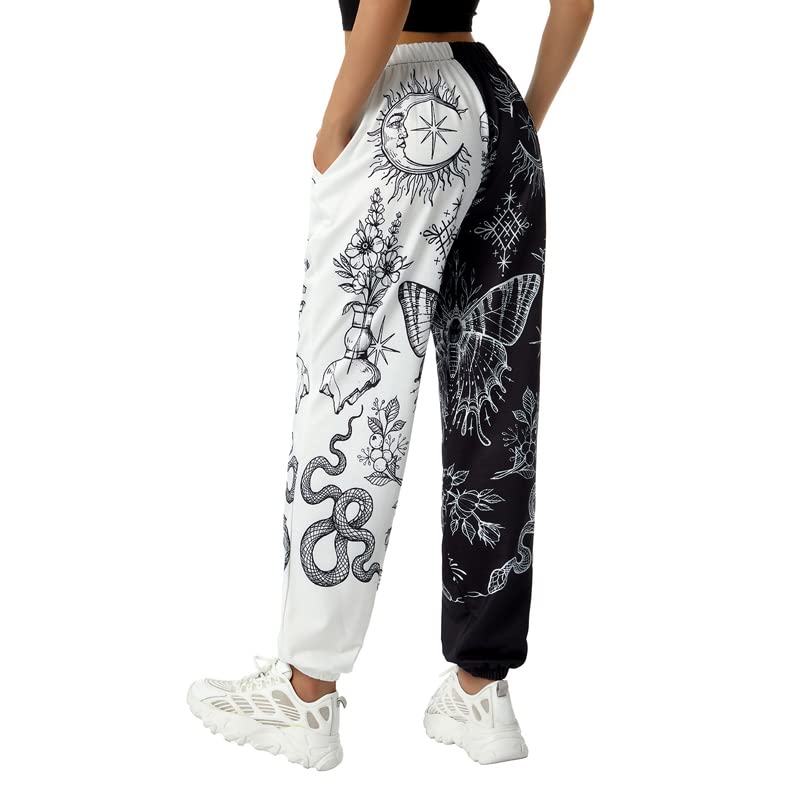 Amuver Women's Boho Hippie Harem Pants High Smocked Waist Printed Patchwork Sweatpants Yoga 90S Goth Baggy Casual Trousers White/Black