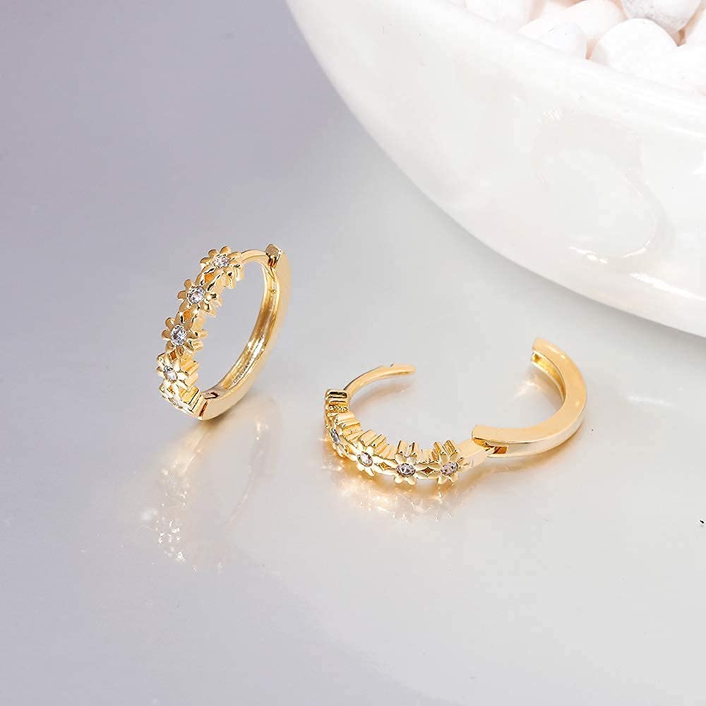 CiNily Small Gold Hoop Earrings for Women Flower Cubic Zirconia Huggie Earrings Hypoallergenic 14K Yellow Gold Plated Cartilage Earrings