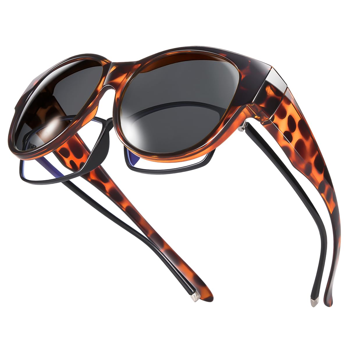 Br’Guras Oversized Polarized Fit over Sunglasses Over Glasses for Men and Women (Amber leopard, Black)