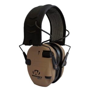 walker's razor slim x-trm noise-cancelling sound-enhancing hunting gun range shooting electronic earmuffs with cooling pads, moisture wicking headband & 2 aaa batteries, battle brown