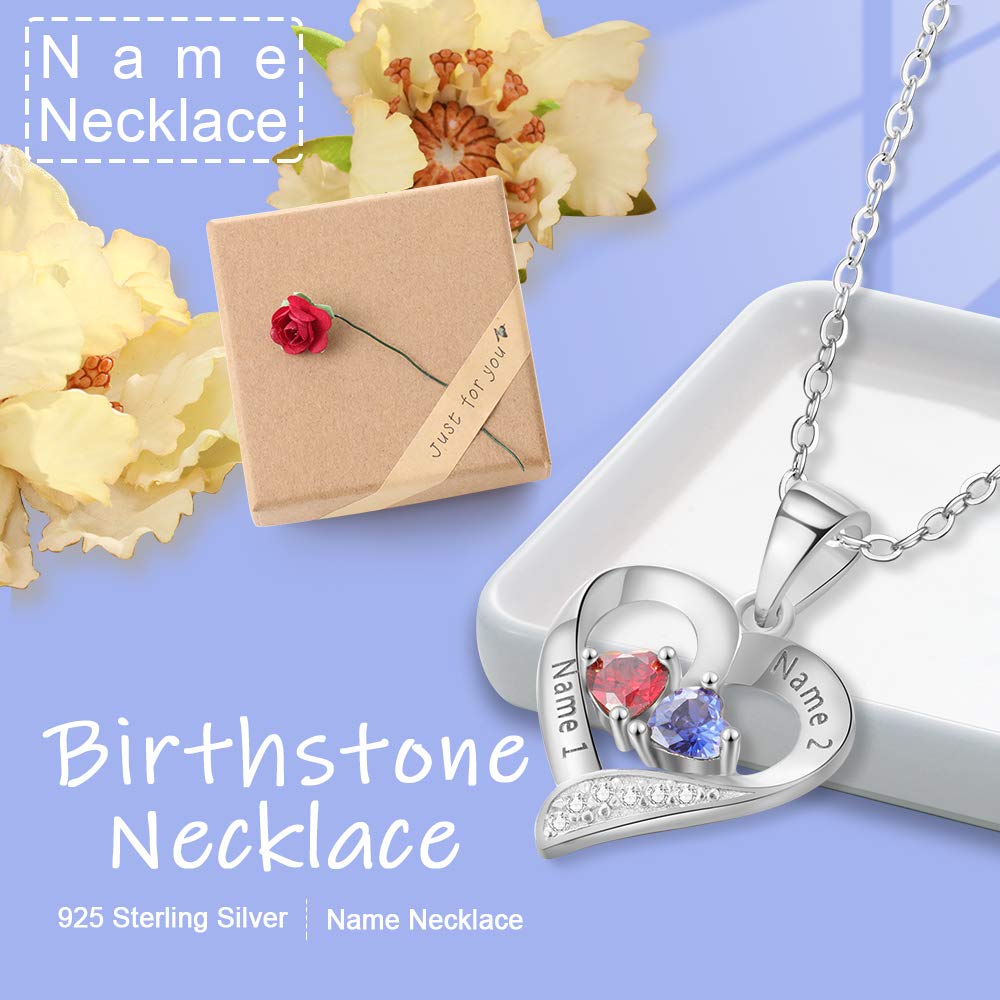 Sterling Silver Personalized 2 Names Necklace with 2 Heart Simulated Birthstone Couple Pendant Necklace for Women (Silver)