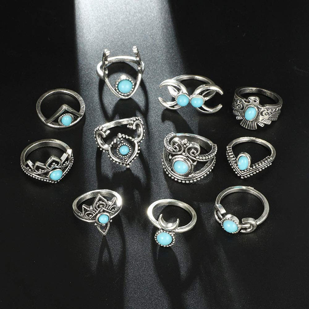 Asphire 11Pcs Bohemian Stacking Knuckle Rings Set Turquoise Midi Ring Punk Silver Animals Finger Rings for Women