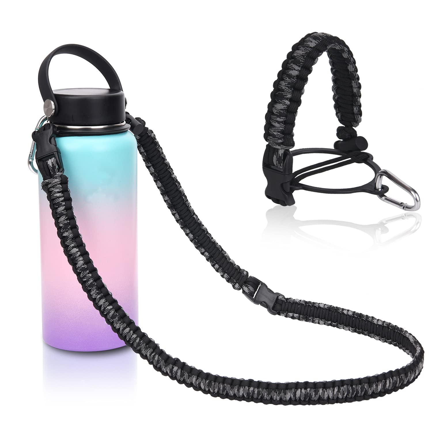 iLVANYA Paracord Handle with Shoulder Strap Compatible with Hydro Flask Wide Mouth Bottles, Paracord Strap Carrier for 12oz to 64oz Bottle, Bottle Accessories with Safety Ring Carabiner (Weave Grey)