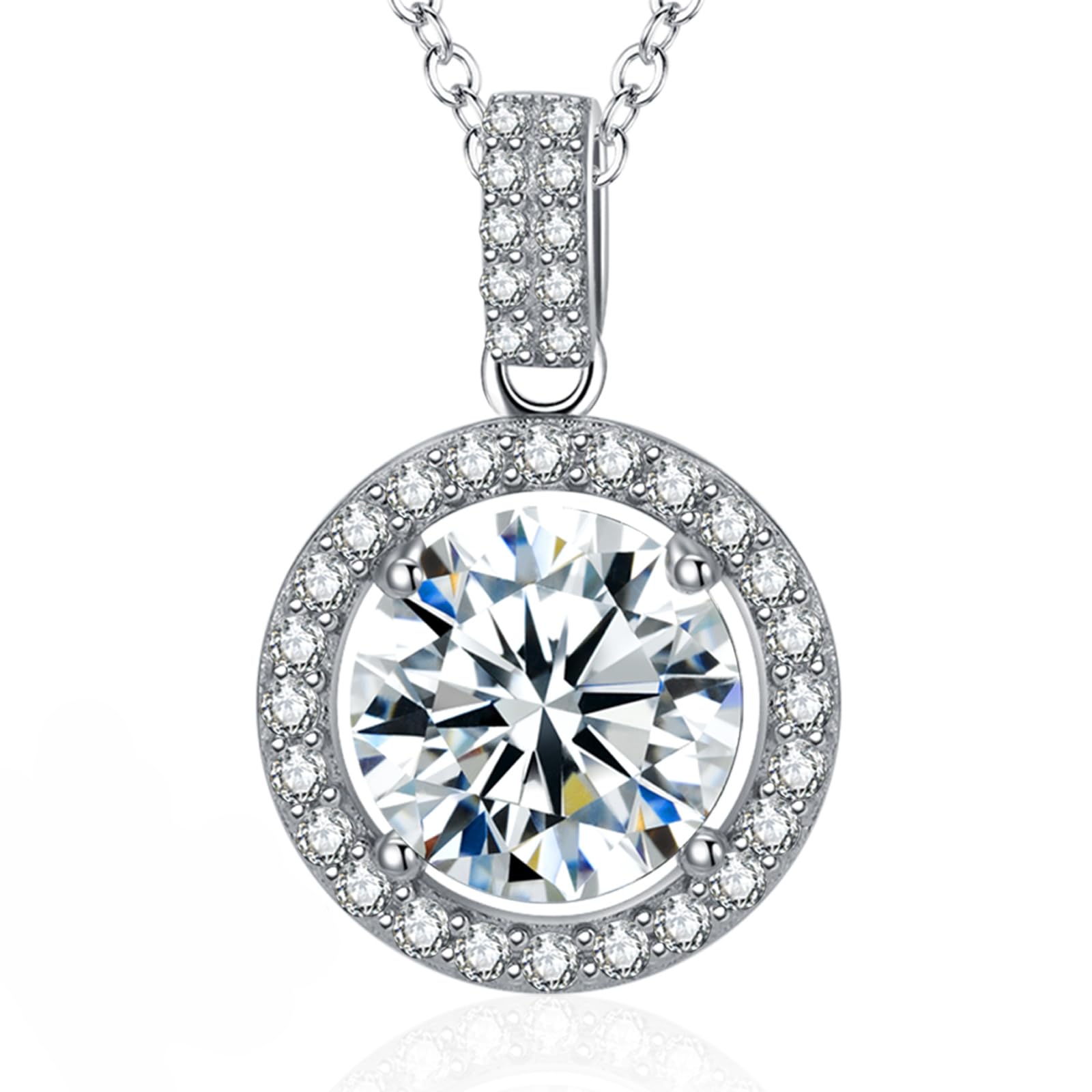 Miraclife Moissanite Pendant Necklace for Women,1ct-3ct Halo Round 925 Sterling Silver with 18K White Gold Plated, Include Jewelry Box,with Certificate (2ct)