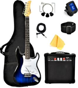 master play 39 inch electric guitar,for kids/beginner with complete starter kit, 20 watt amp, 6 extra string, picks, gig bag, shoulder strap, digital tuner, cable, wash cloth blueburst