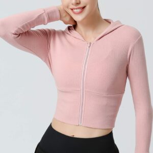 Cropped Jacket for Women Thin Brushed Plain Skinny Hoodie Crop Tops Athletic Sport Fitness Active Shirts Clothes Outwear Outfits with Zipper Pink Large