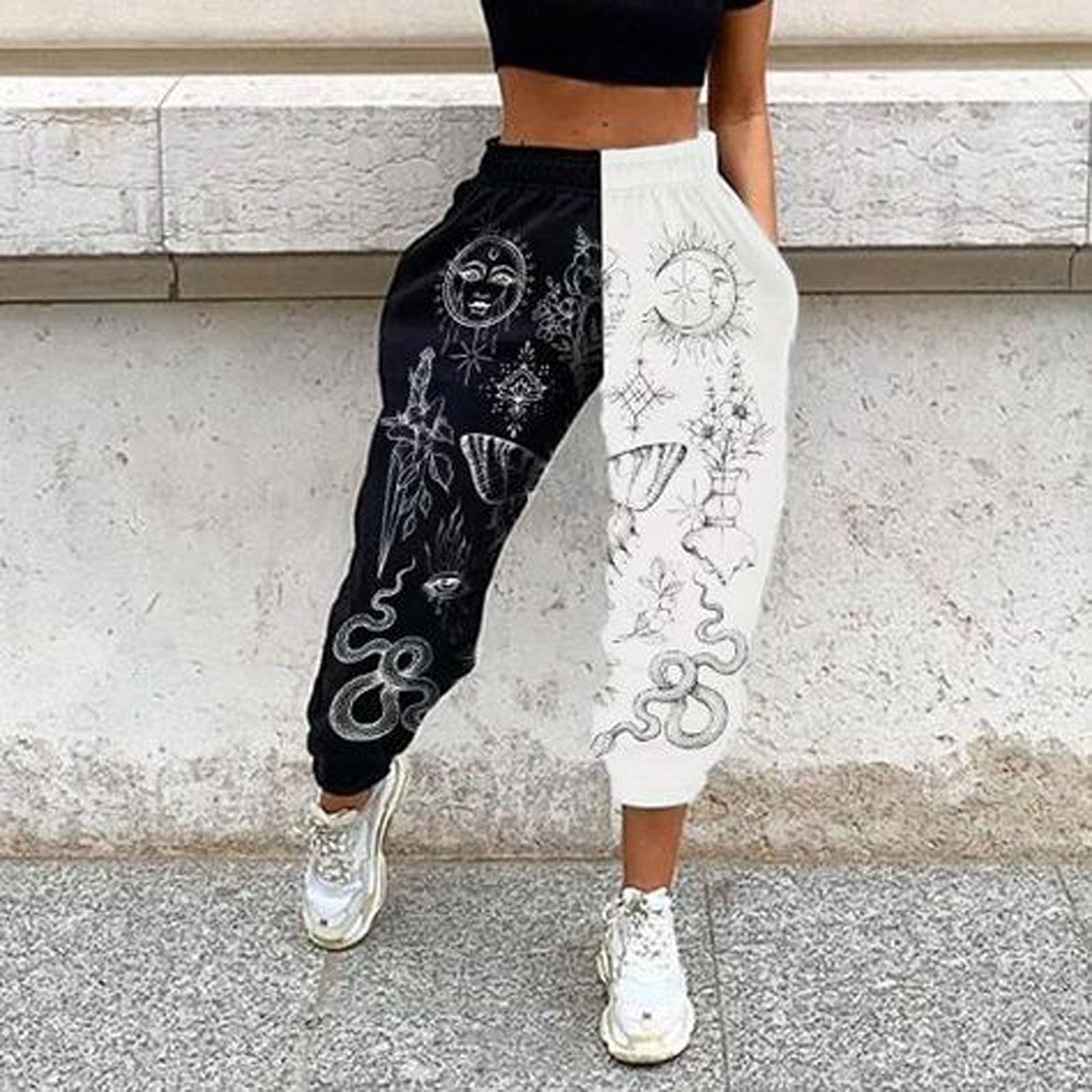 Amuver Women's Boho Hippie Harem Pants High Smocked Waist Printed Patchwork Sweatpants Yoga 90S Goth Baggy Casual Trousers White/Black