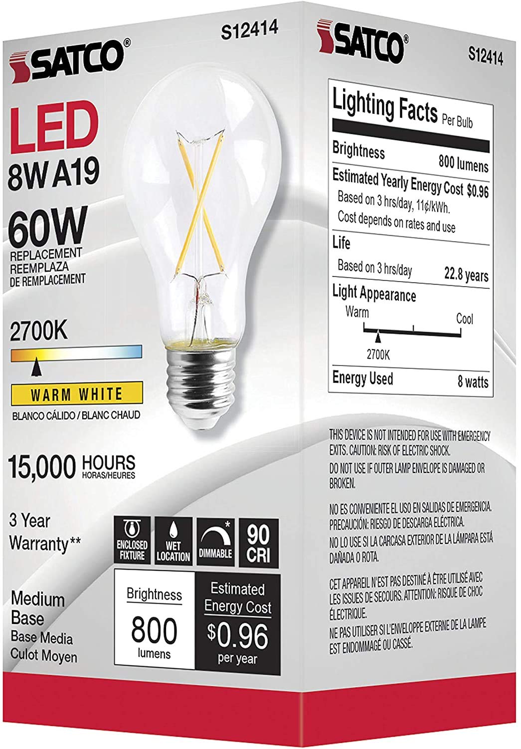 Satco S12414-8 Watt LED A19; Clear Bulb 2700K (6 LED Light Bulbs)