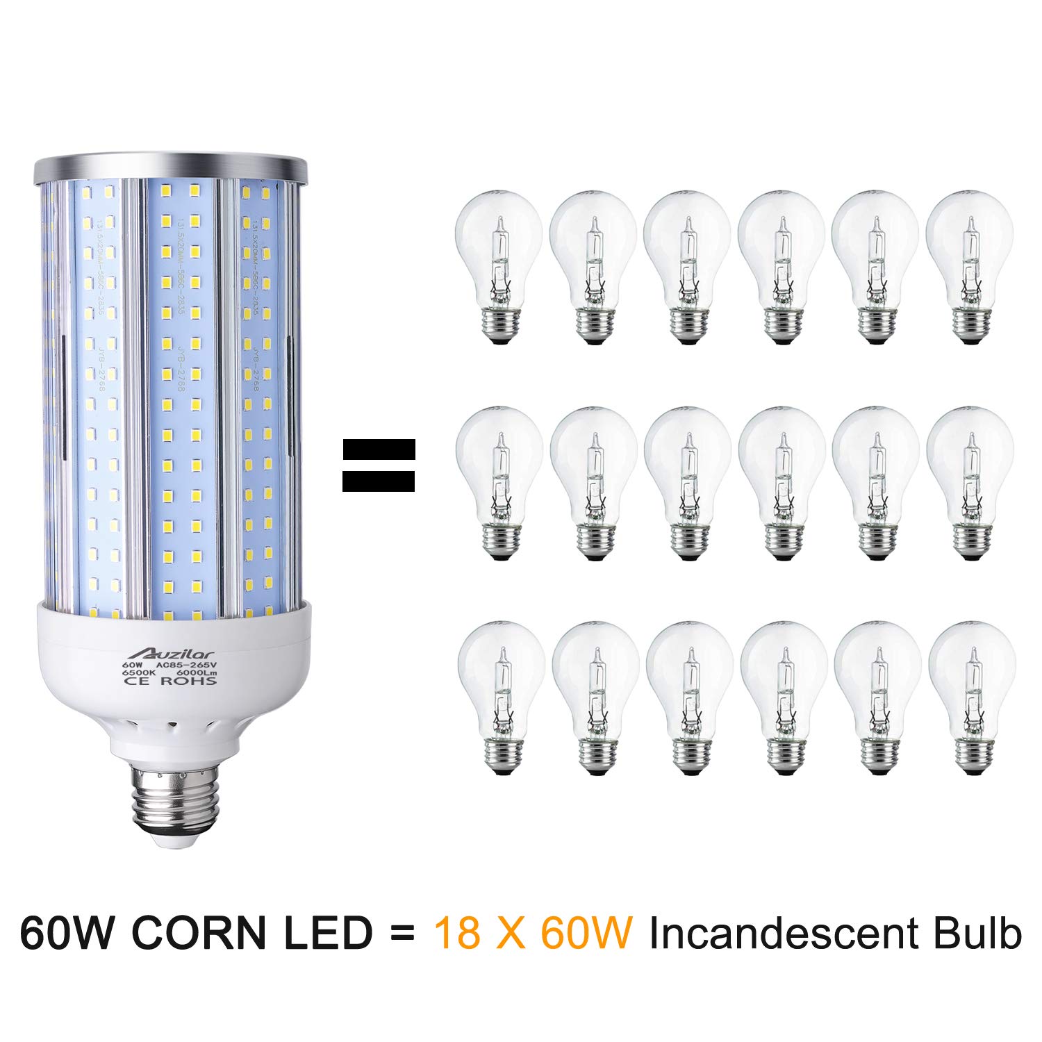 Auzilar 2-Pack（500W Equivalent） LED Corn Light Bulb 60W 6000 Lumen 6500K Large Area Cool Daylight White E26/E27 Medium Base for Indoor Garage Warehouse Factory Workshop Street Backyard AC 85V-265V