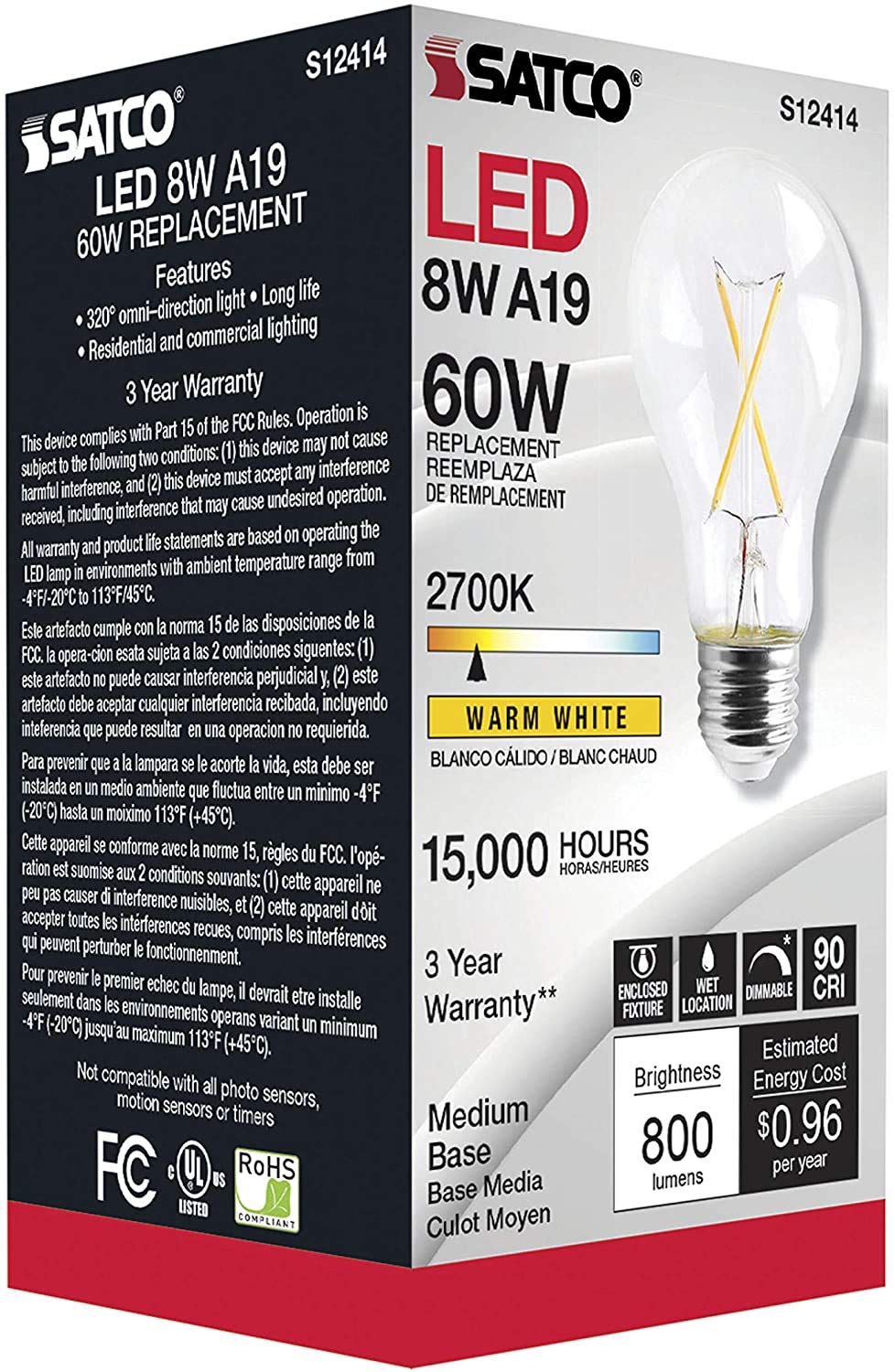 Satco S12414-8 Watt LED A19; Clear Bulb 2700K (6 LED Light Bulbs)