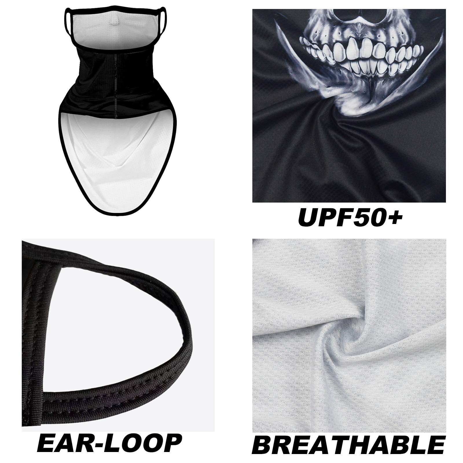 Obacle Bandana Face Mask with Ear Loops Neck Gaiter Face Mask Scarf Face Cover for Men Women (Skull Neat Teeth Black Face)