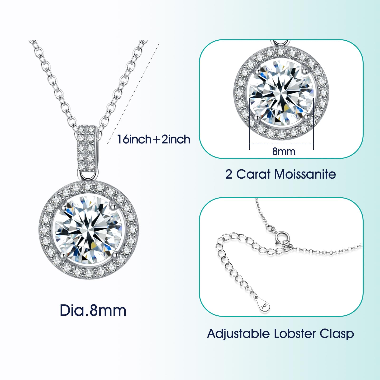 Miraclife Moissanite Pendant Necklace for Women,1ct-3ct Halo Round 925 Sterling Silver with 18K White Gold Plated, Include Jewelry Box,with Certificate (2ct)