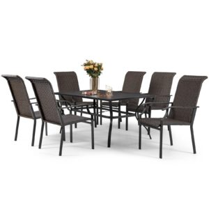 sophia & william patio dining set 7 piece wicker outdoor table and chairs furniture set, 6 high-back rattan chairs and 1 metal rectangular dining table with umbrella hole