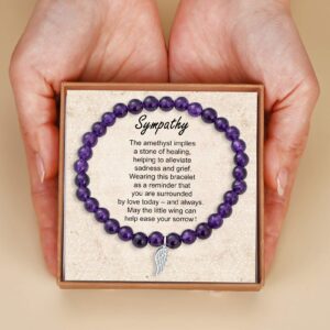 Sympathy Gifts for Loss of Mother, Father, Baby, Pet Dogs Amethyst Bead Bracelet with Sterling Silver Wing Charm Memorial Jewelry with Card and Gift Box