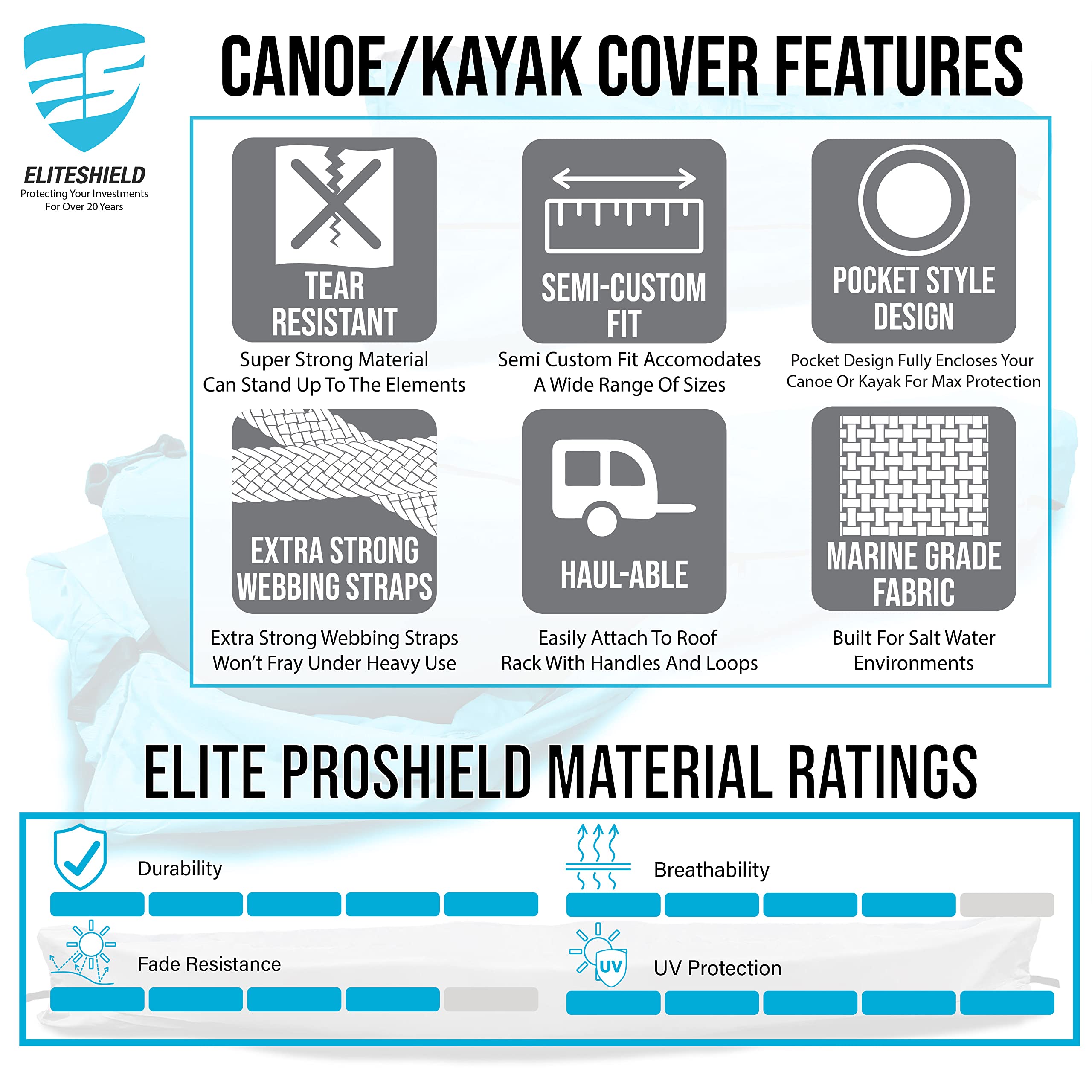 EliteShield Canoe Cover Kayak Cover; Waterproof UV Resistant Marine Grade Polyester Canoe Kayak Boat Storage Cover fits 15 ft-16 ft Long, 116 Inches Girth Gray Color