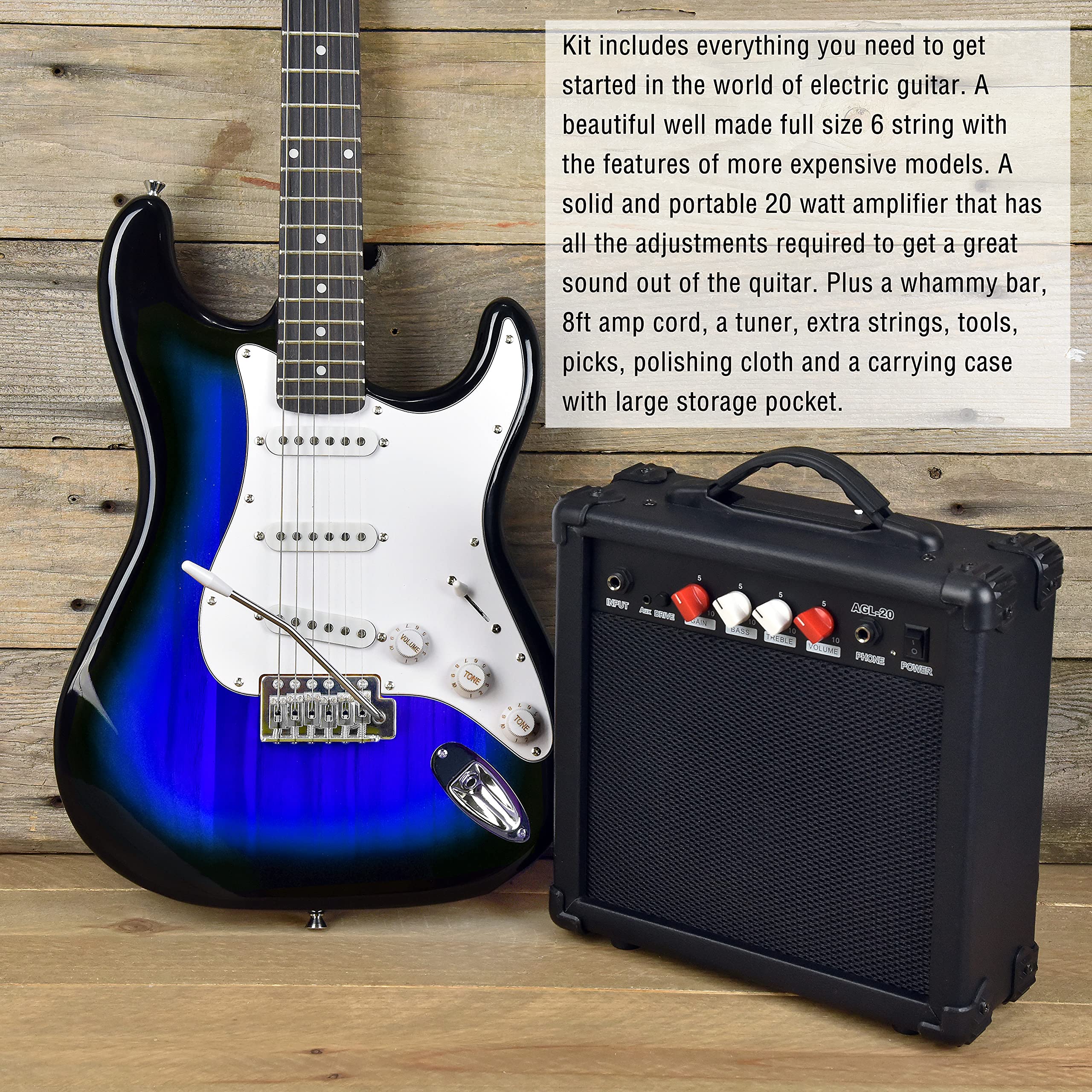 Master Play 39 Inch Electric Guitar,For Kids/beginner With Complete Starter Kit, 20 Watt Amp, 6 Extra String, Picks, Gig Bag, Shoulder Strap, Digital tuner, Cable, Wash Cloth Blueburst