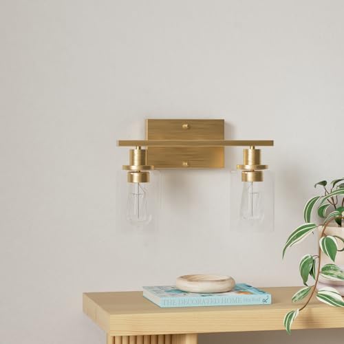 ShineTech 2-Light Gold Bathroom Vanity Light Fixtures, Modern Wall Lighting with Clear Glass, Brushed Brass Wall Sconce Light for Mirror, Living Room