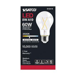 Satco Dimmable Led Filament Lamps, S12416, High Lumens, 8 Watt, A19; Clear; Medium Base; 3500K; 90 CRI; 120 Volt for use at Residential, Hospitality, Display and Commercial (6 LED Light Bulbs)