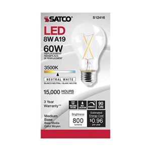 Satco Dimmable Led Filament Lamps, S12416, High Lumens, 8 Watt, A19; Clear; Medium Base; 3500K; 90 CRI; 120 Volt for use at Residential, Hospitality, Display and Commercial (6 LED Light Bulbs)