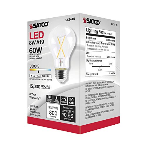 Satco Dimmable Led Filament Lamps, S12416, High Lumens, 8 Watt, A19; Clear; Medium Base; 3500K; 90 CRI; 120 Volt for use at Residential, Hospitality, Display and Commercial (6 LED Light Bulbs)