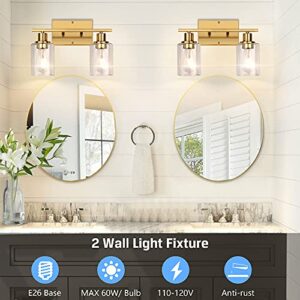 ShineTech 2-Light Gold Bathroom Vanity Light Fixtures, Modern Wall Lighting with Clear Glass, Brushed Brass Wall Sconce Light for Mirror, Living Room