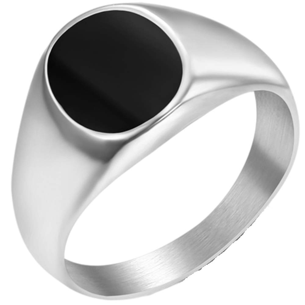 Stainless Steel Black Enamel Filled Oval Shape Signet Style Wedding Statement Promise Pinky Ring (Silver Black, 6)