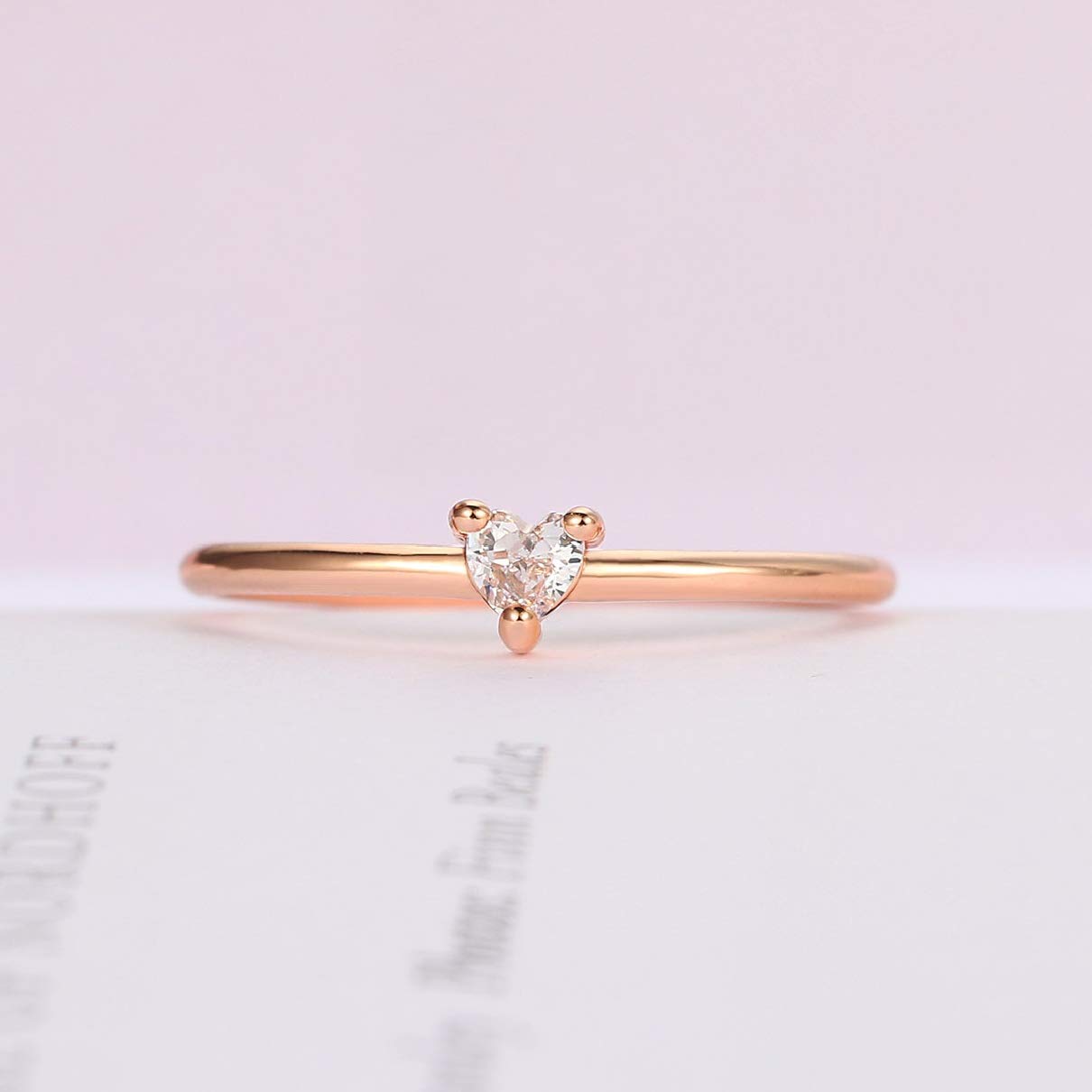 hsiyyecg Women's Heart-Shaped CZ Crystal Ring in Rose Gold Minimalist, Delicate Plain Band Knuckle Stacking Midi Jewelry (US Size 10)