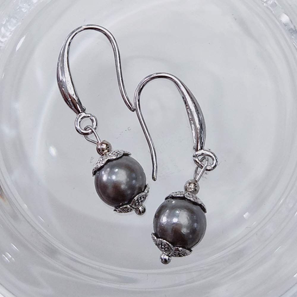 GUIDECUN Women's Imitation Tahitian Black Pearl Hanging Earrings, Freshwater Pearl Pendant with Vintage Silver Inlaid Earrings