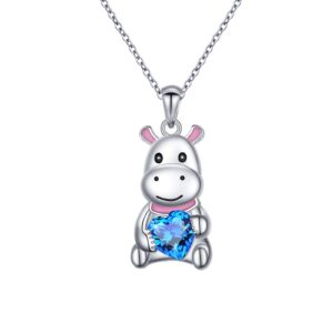 Ladytree S925 Sterling Silver Cute Animal Hippo Hippopotamus Blue Cubic Zirconia Love Heart Pendant Necklace Gifts for Women Teenager